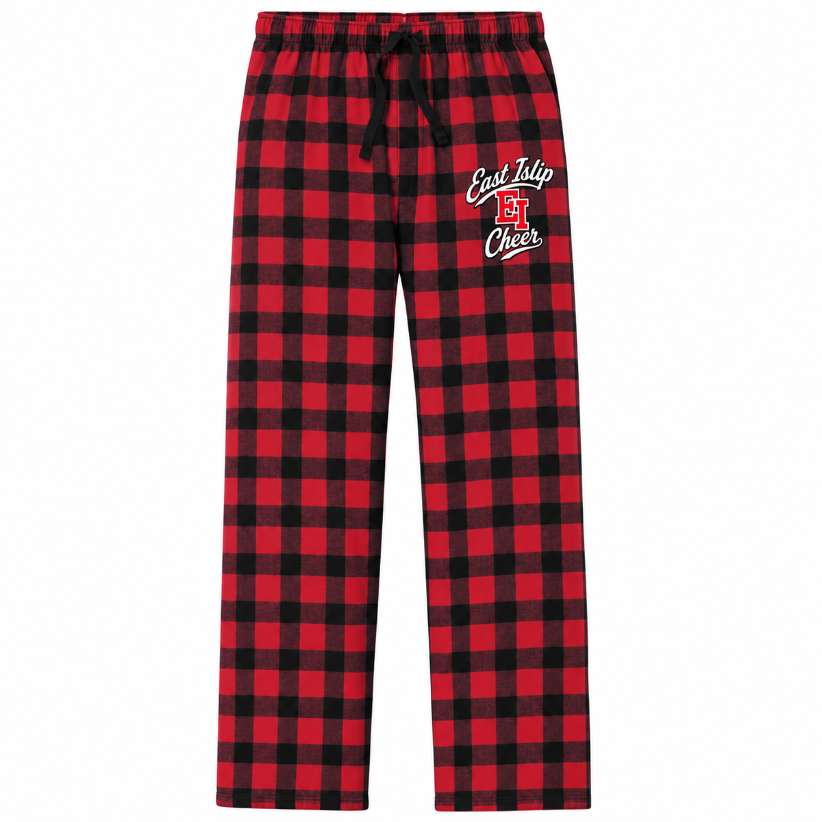 East Islip Cheer red and black buffalo check flannel pajama pants with collegiate EI script thigh print