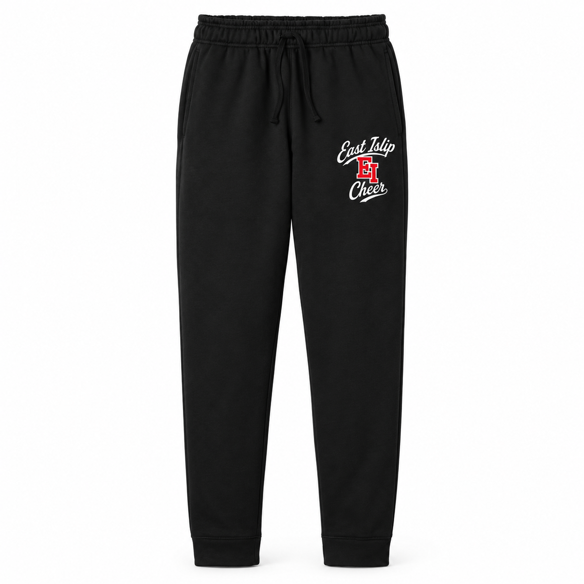 East Islip Cheer black fleece joggers with EI collegiate script thigh print