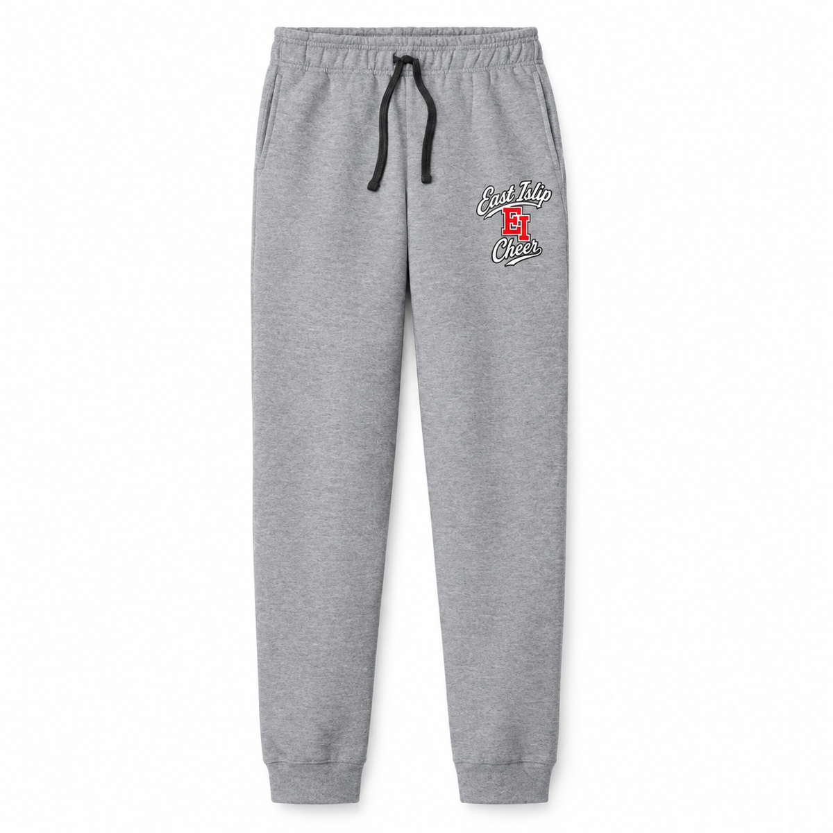 East Islip Cheer gray fleece joggers with EI collegiate script thigh print