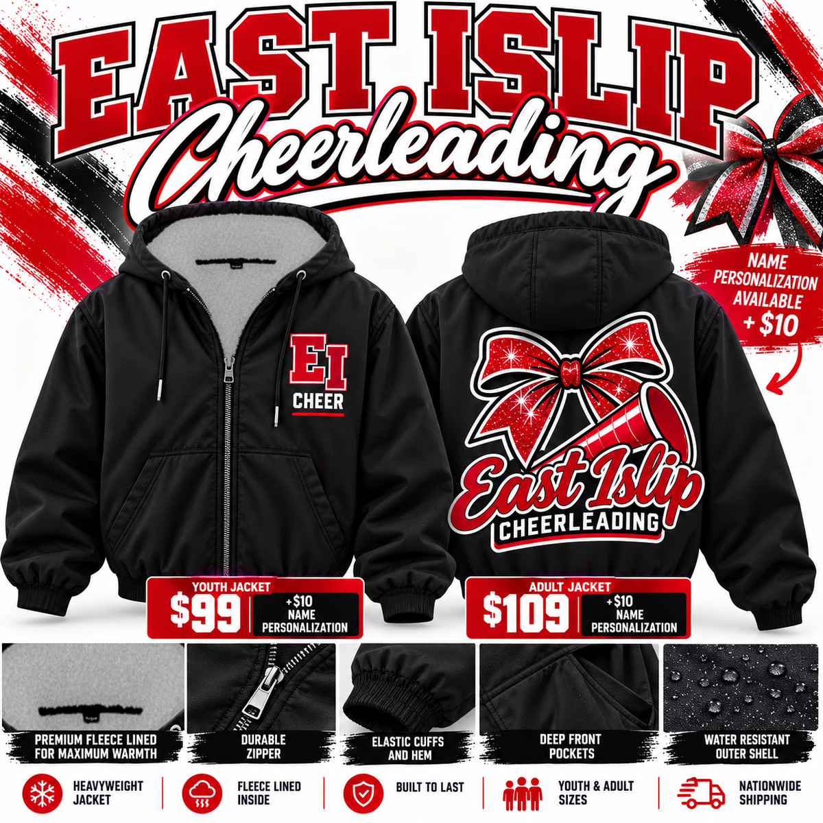 Black East Islip Cheer full-zip jacket with red EI CHEER chest design and bow megaphone back graphic, smooth gray fleece lining and adult/youth pricing