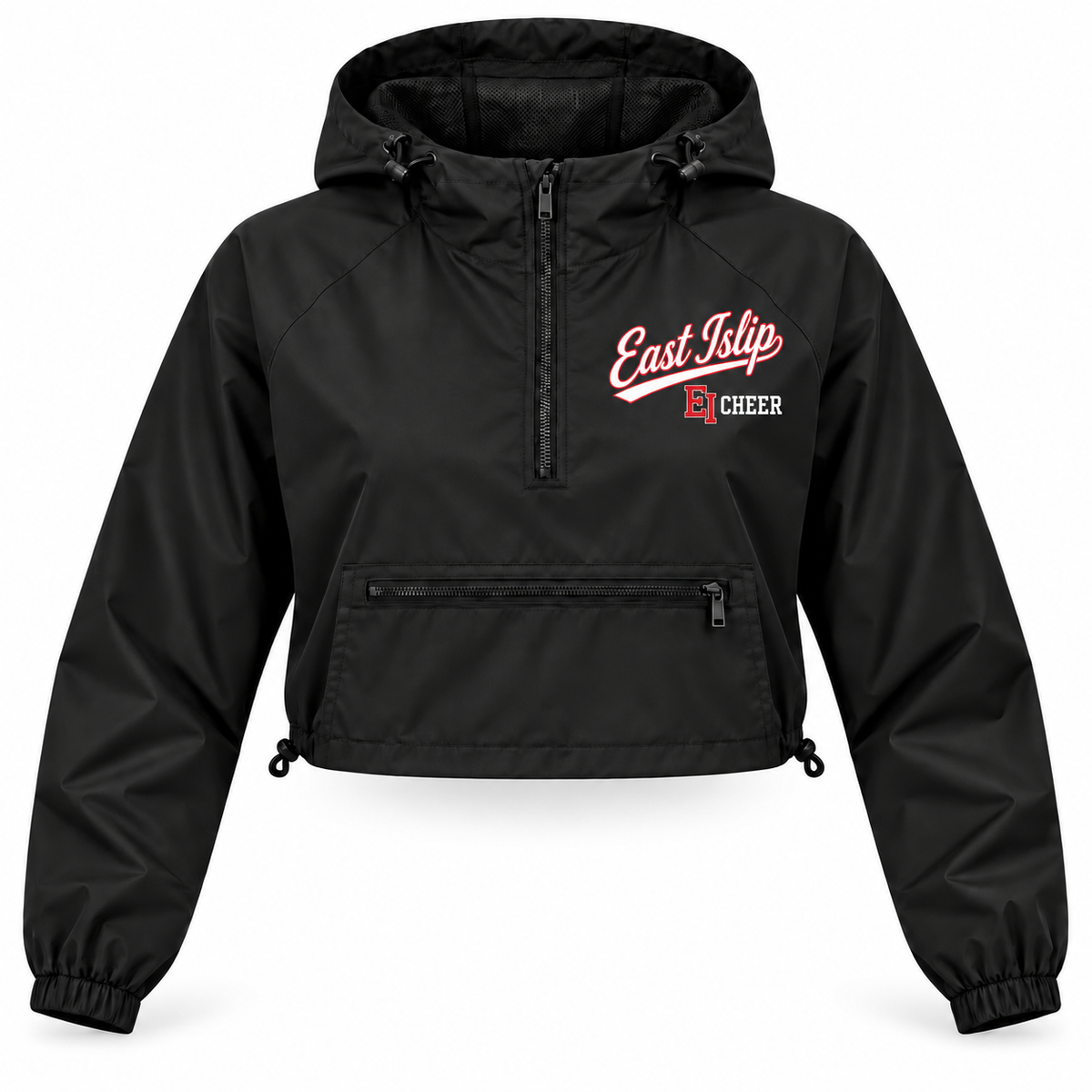 Black adult women's East Islip Cheer crop windbreaker with Heritage Script chest print