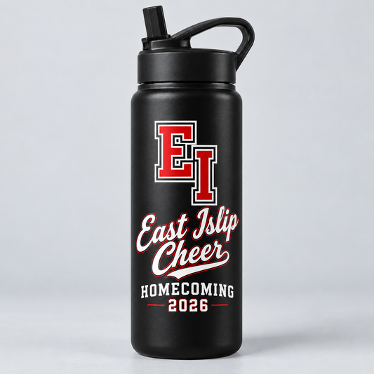 East Islip Cheer Homecoming 2026 EI Script Water Bottle product mockup