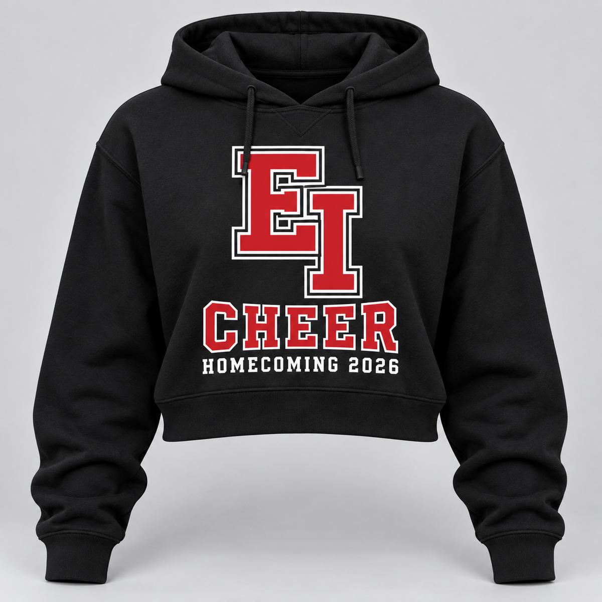 East Islip Cheer Homecoming 2026 Interlocking EI Cropped Hoodie product mockup