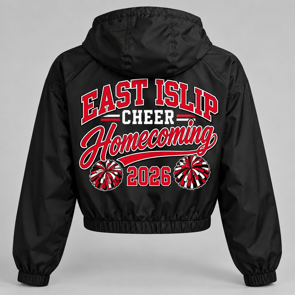 East Islip Cheer Homecoming 2026 Pom Script Crop Windbreaker product mockup