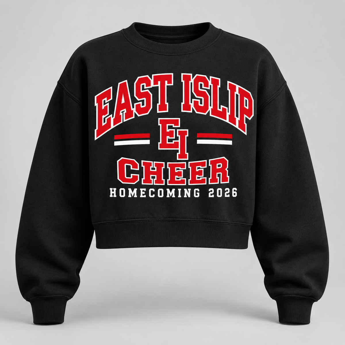 East Islip Cheer Homecoming 2026 Varsity Arch Cropped Crewneck product mockup