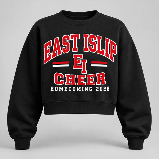 East Islip Cheer Homecoming 2026 Varsity Arch Cropped Crewneck product mockup
