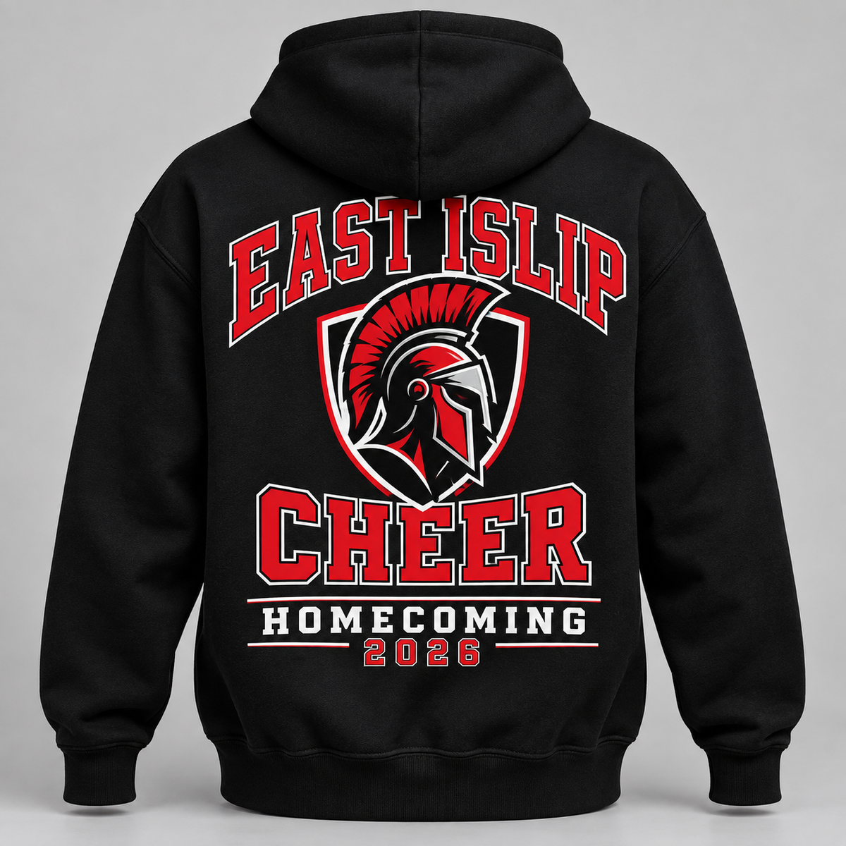 East Islip Cheer Homecoming 2026 Warrior Shield Front & Back Hoodie product mockup