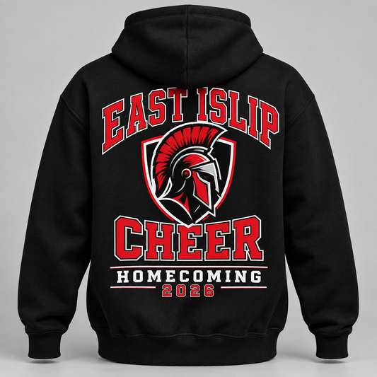 East Islip Cheer Homecoming 2026 Warrior Shield Front & Back Hoodie product mockup