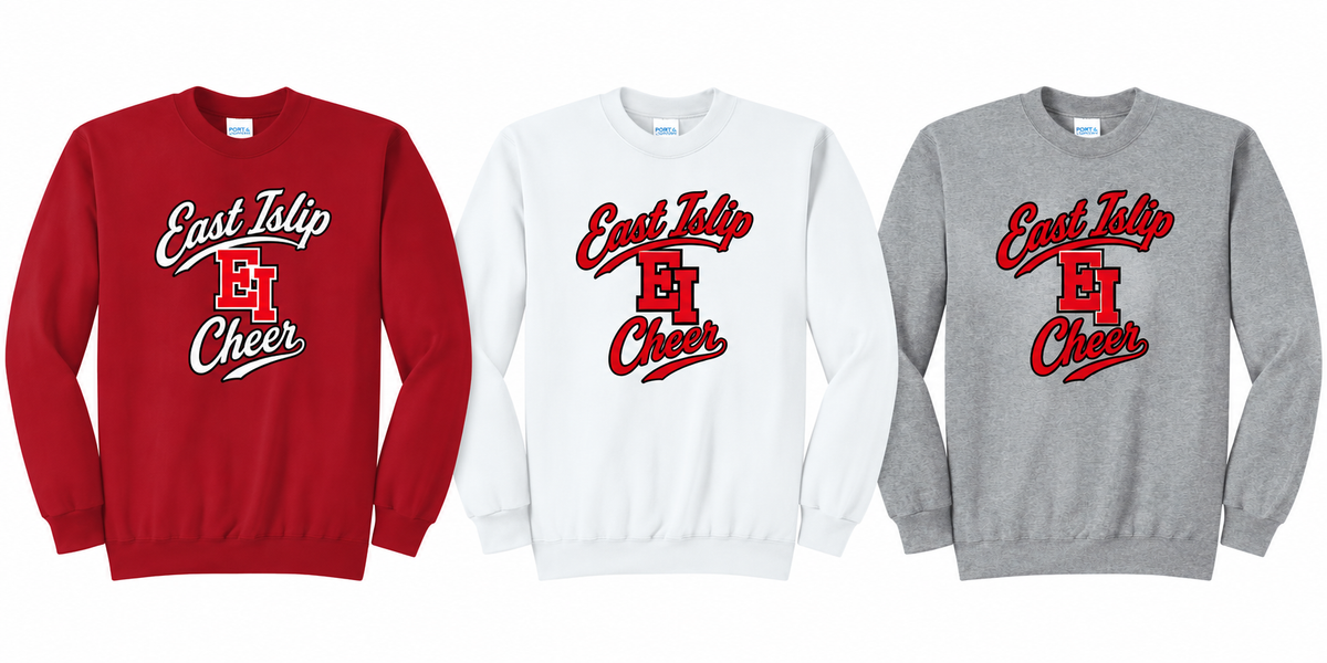 East Islip Cheer fleece crewneck tops in Red, White and Athletic Heather; sold individually