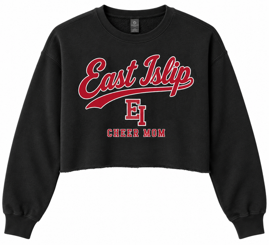 East Islip Cheer Mom Heritage Script Cropped Crewneck in Black
