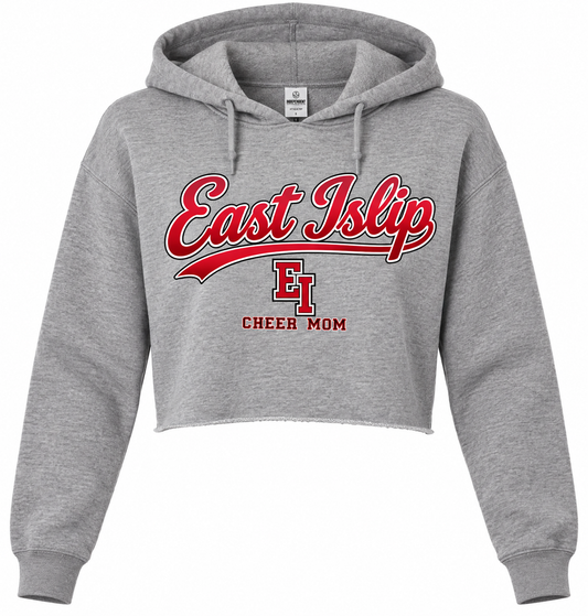 East Islip Cheer Mom Heritage Script Cropped Hoodie in Grey Heather