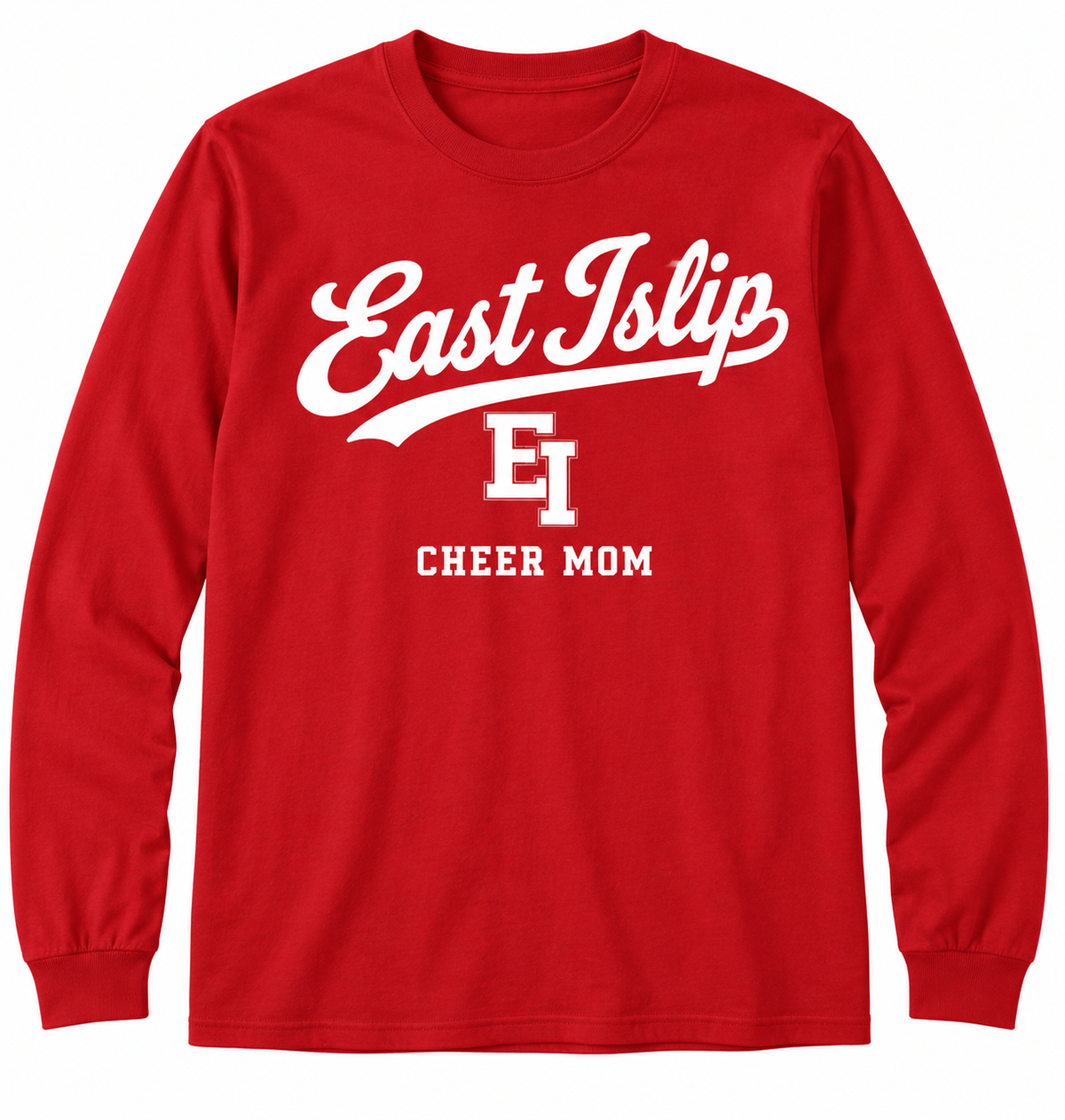 East Islip Cheer Mom Heritage Script Long Sleeve Tee in Red
