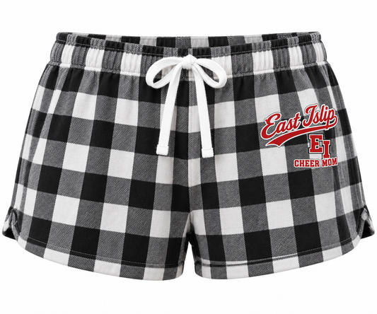 East Islip Cheer Mom Varsity Flannel Pajama Shorts in Black/White Buffalo Plaid