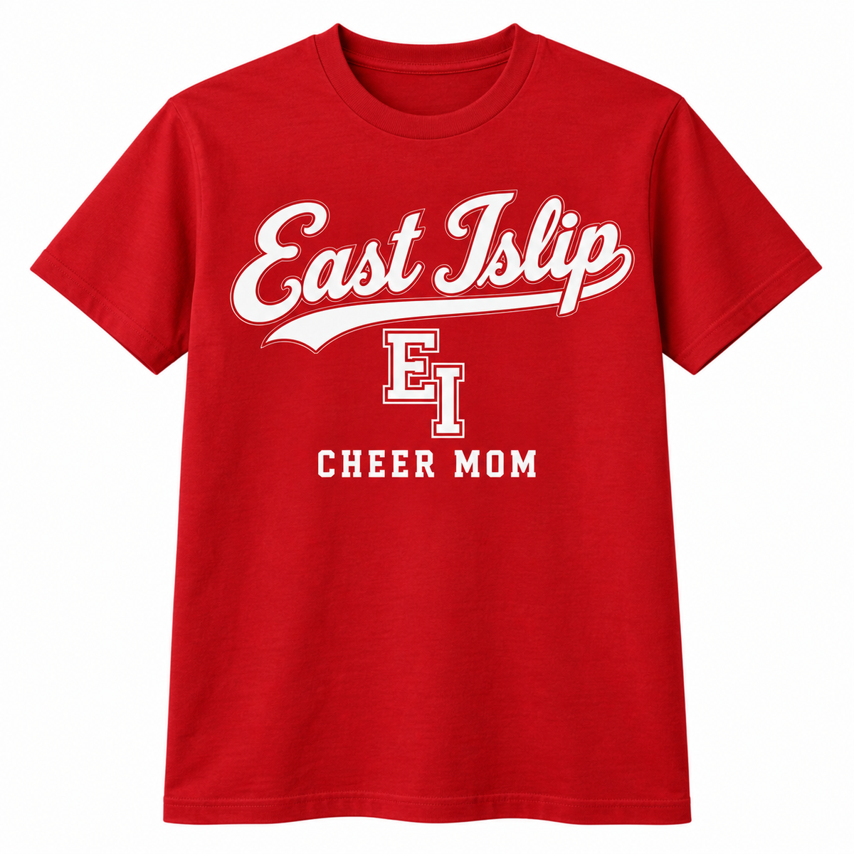 East Islip Cheer Mom Heritage Script T-Shirt in Red