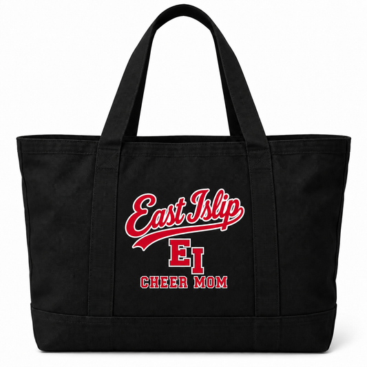 East Islip Cheer Mom Heritage Script Jumbo Tote in Black
