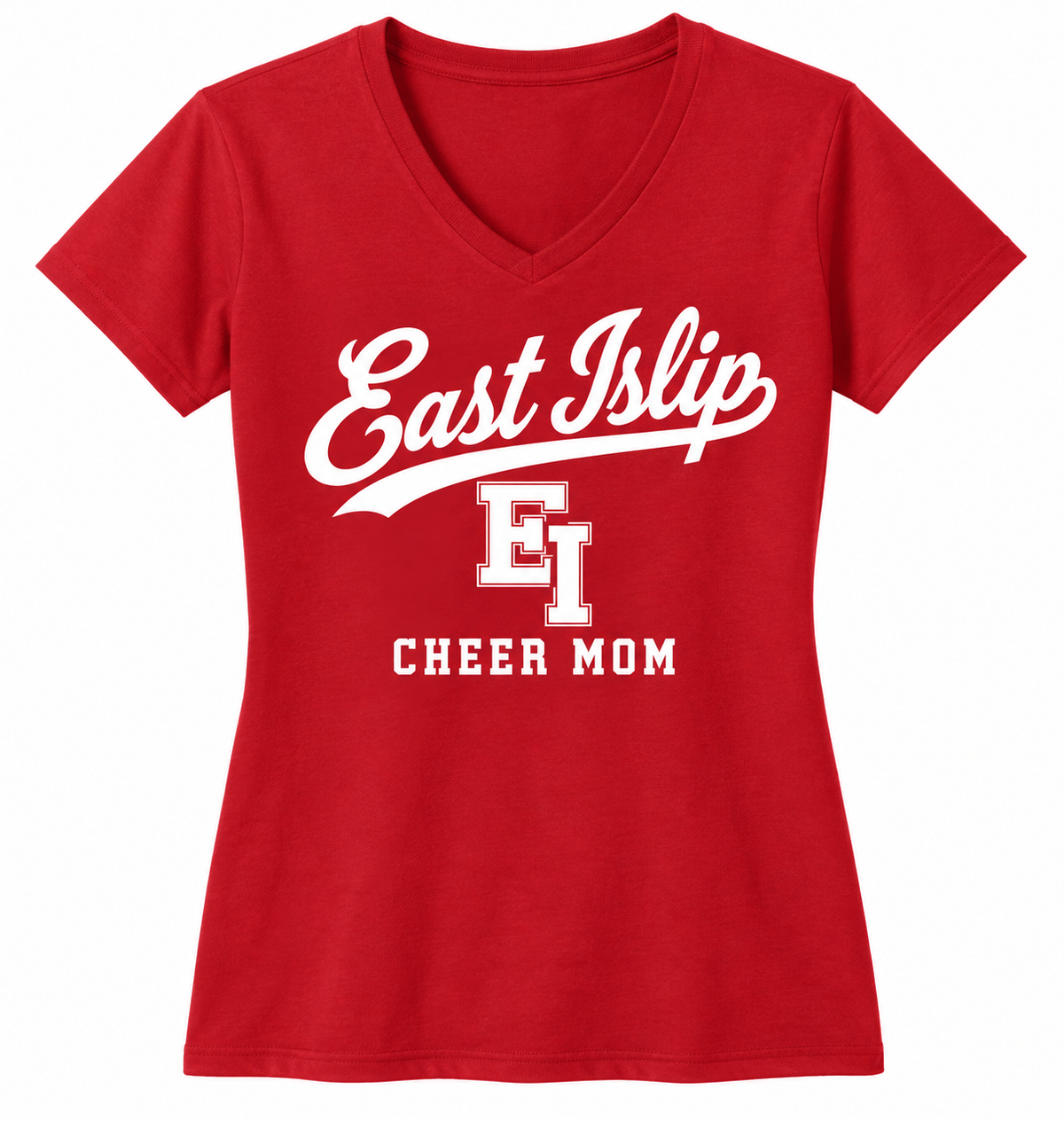 East Islip Cheer Mom Heritage Script Women's V-Neck in Red