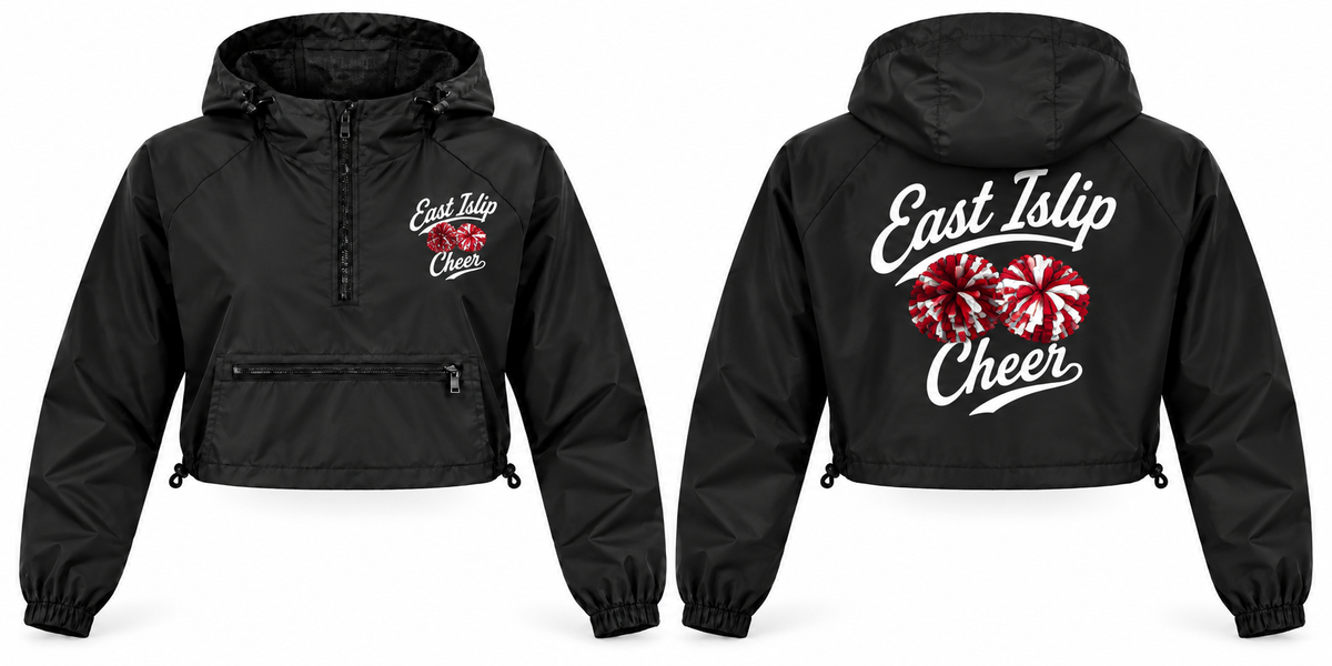Front and back of black East Islip Cheer pom-pom script women's crop windbreaker