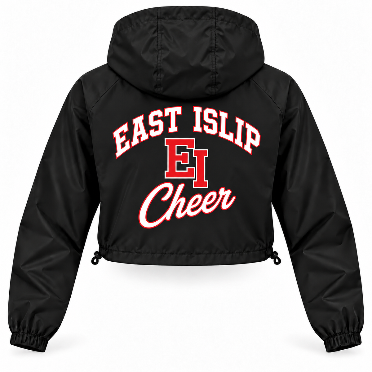 East Islip Cheer women's black sideline arch crop windbreaker, back print view