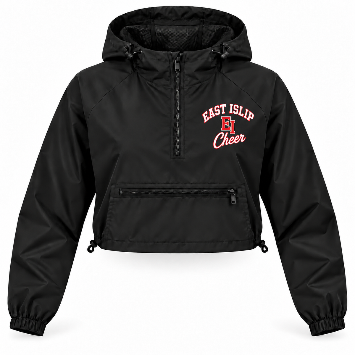 East Islip Cheer women's black sideline arch crop windbreaker, front print view