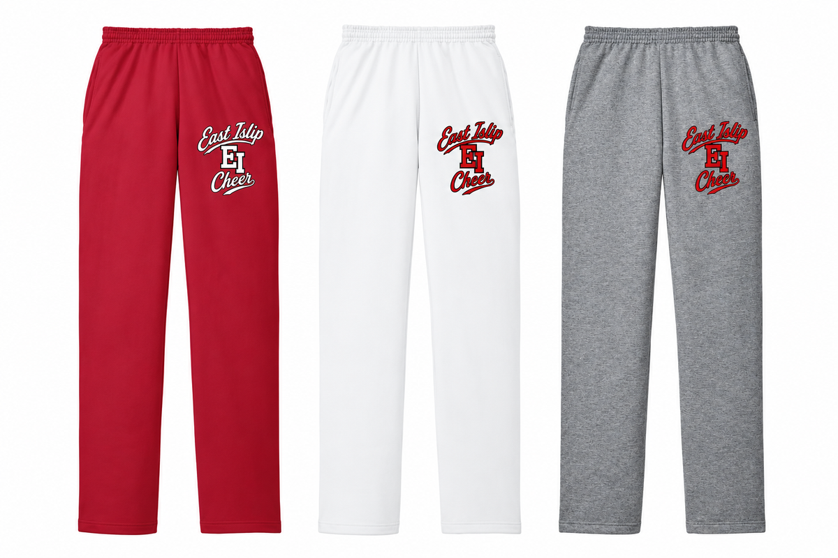 East Islip Cheer solid fleece lounge pants in Red, White and Athletic Heather; three color options shown, sold individually