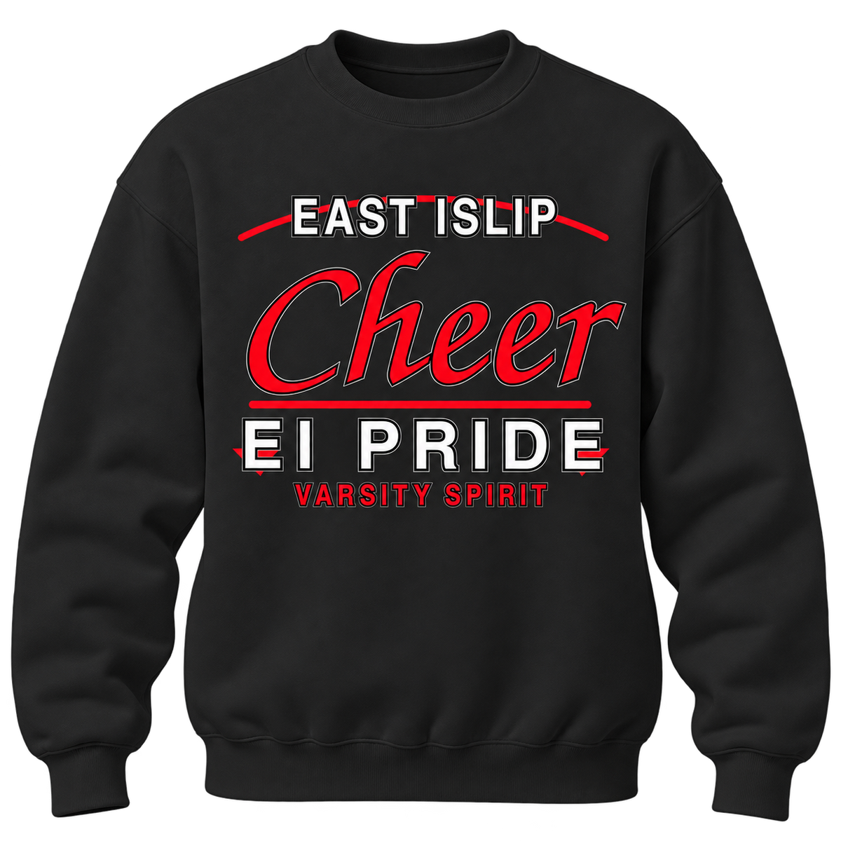 Jet Black East Islip Cheer varsity script adult crewneck with red, white and black EI Pride design