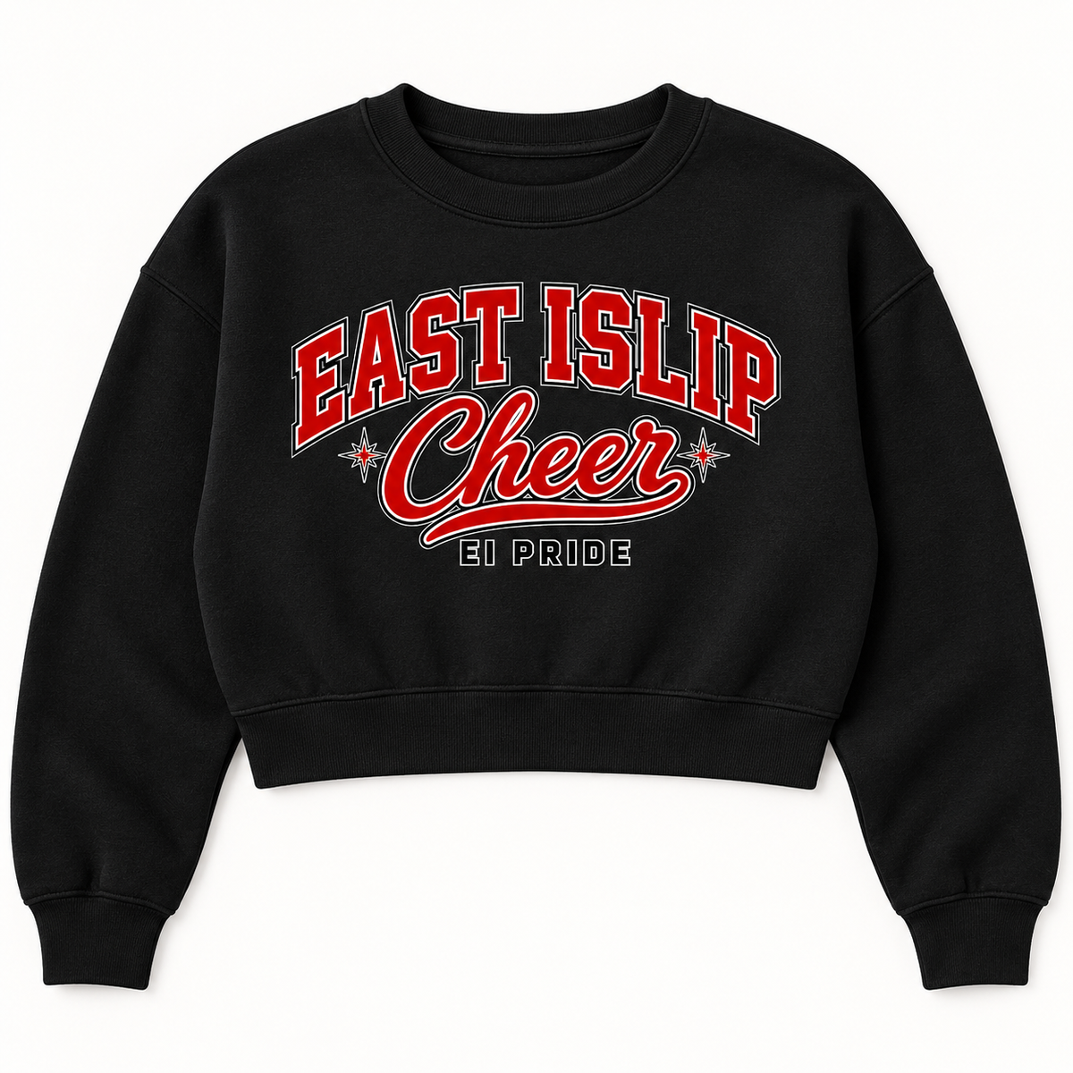 East Islip Cheer women’s cropped crewneck in Black, front view