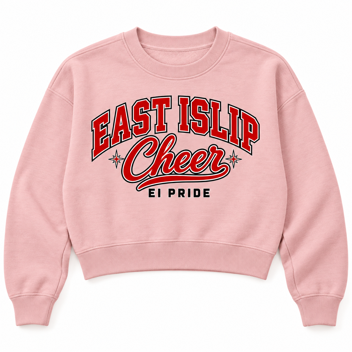 East Islip Cheer women’s cropped crewneck in Blush, front view