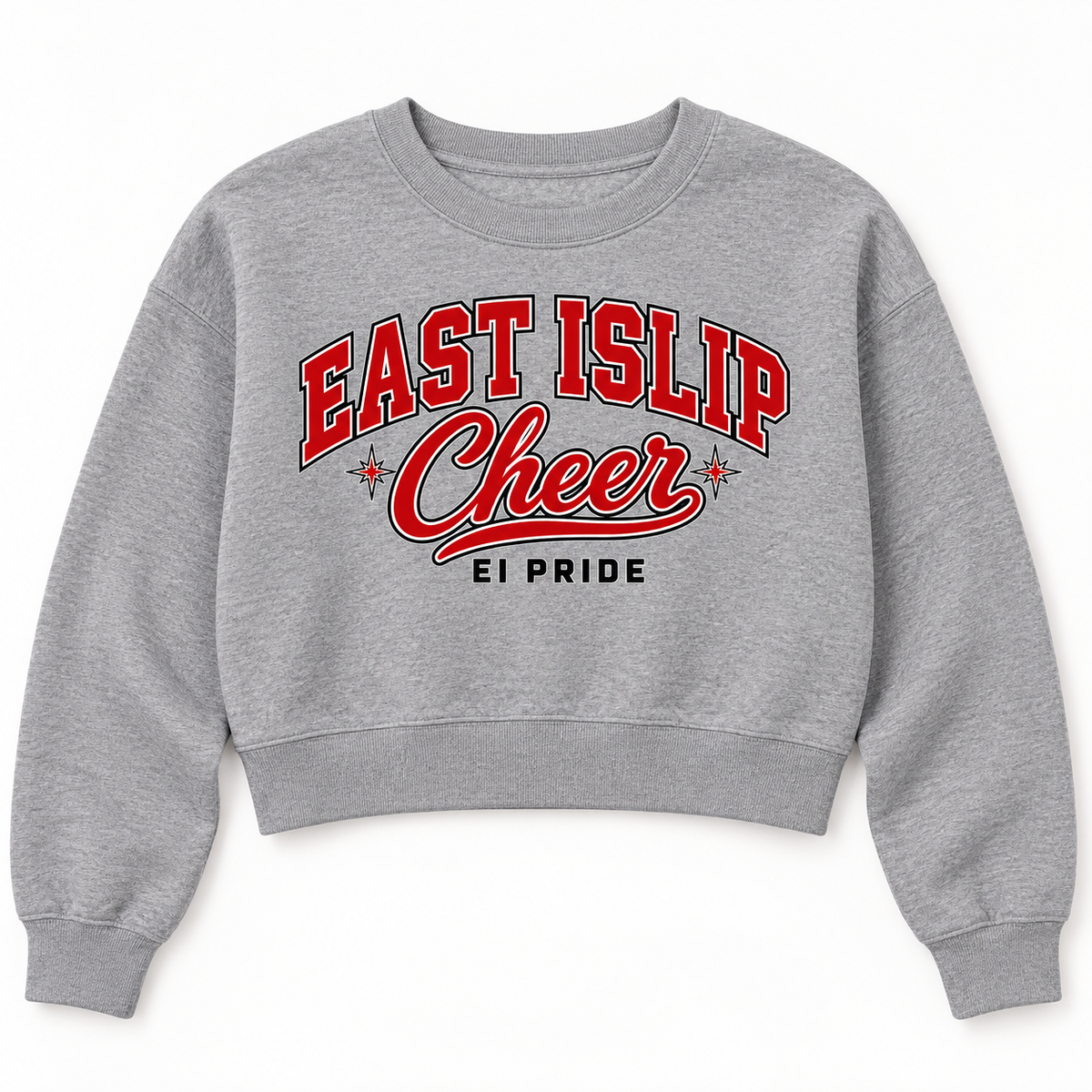 East Islip Cheer women’s cropped crewneck in Grey Heather, front view