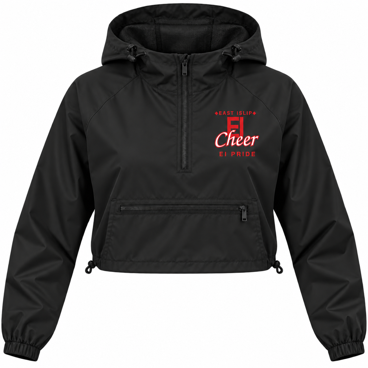 East Islip Cheer women's black EI Pride cropped windbreaker, front view