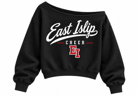 East Islip Cheer Women's Heritage Script Off-Shoulder Crop Sweatshirt in Black