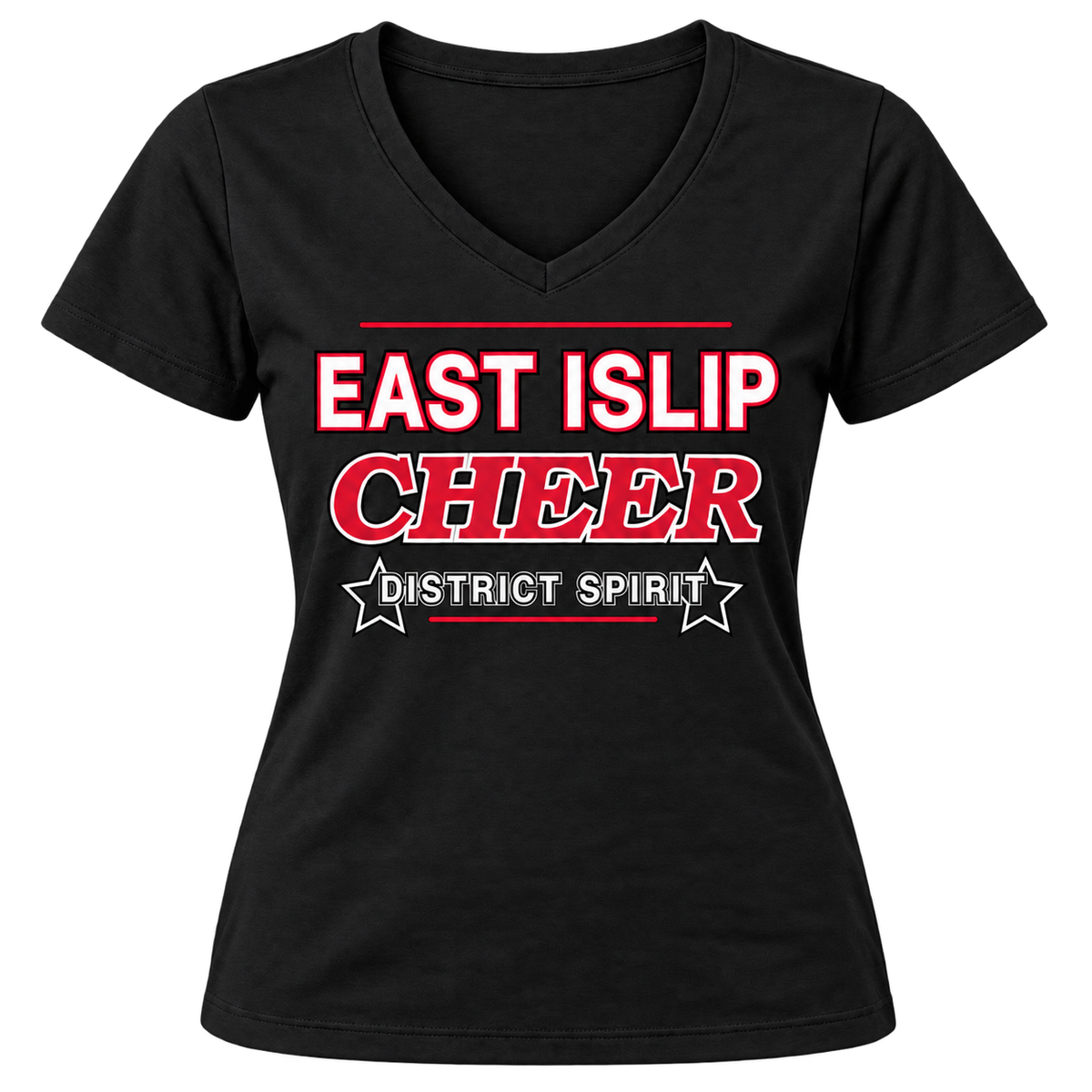 East Islip Cheer women’s collegiate V-neck in Jet Black, front view