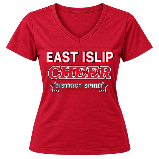 East Islip Cheer women’s collegiate V-neck in Red, front view