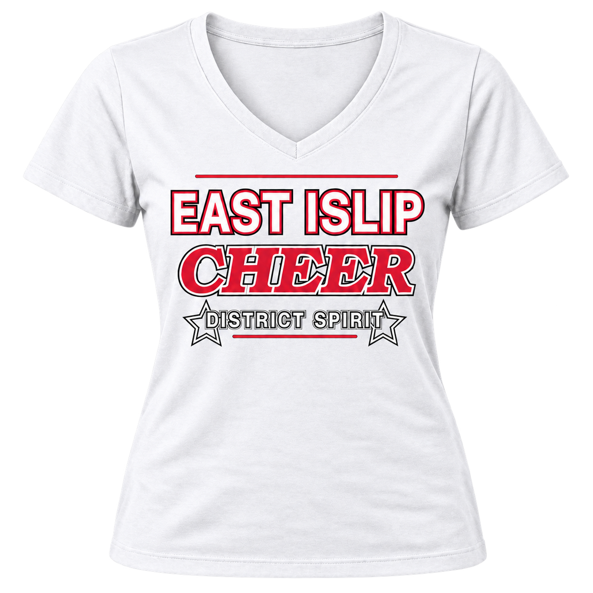 East Islip Cheer women’s collegiate V-neck in White, front view