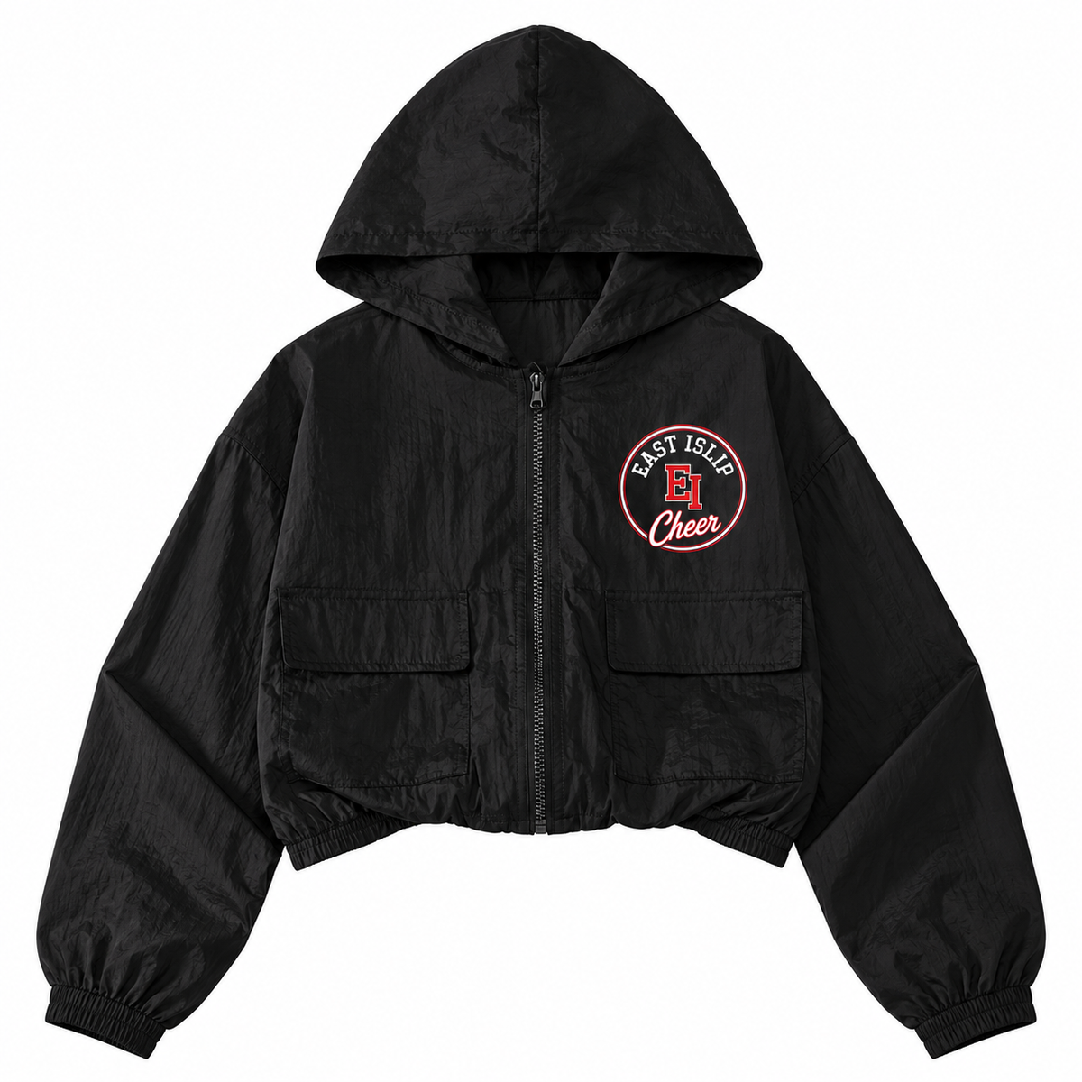 East Islip Cheer youth campus seal black cropped full-zip windbreaker front view