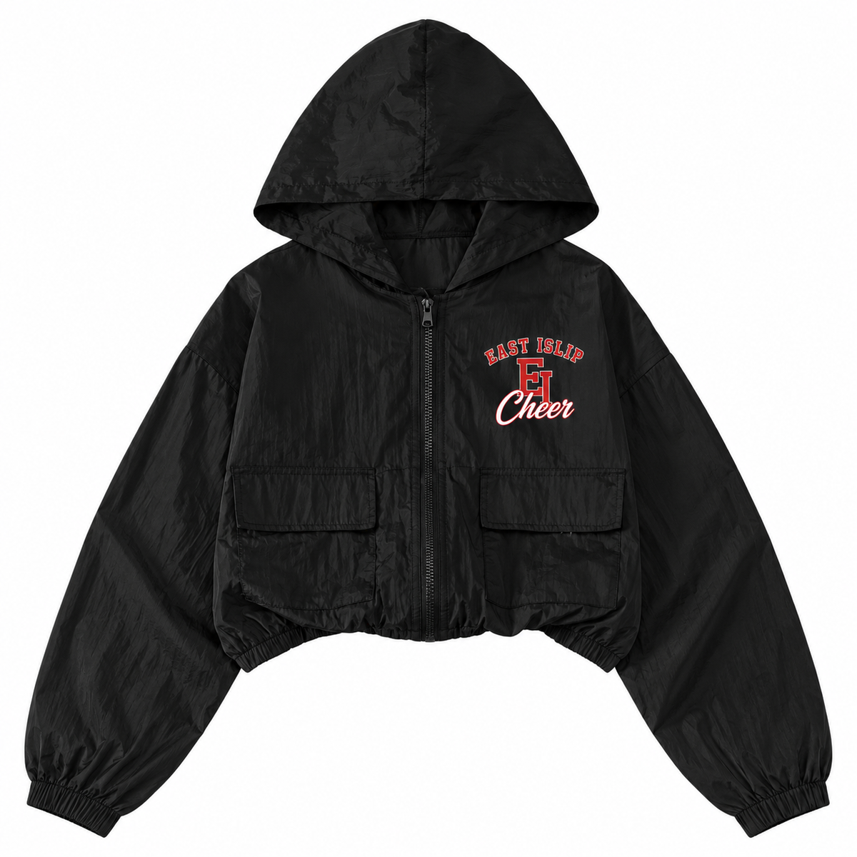 East Islip Cheer youth classic monogram black cropped full-zip windbreaker front view
