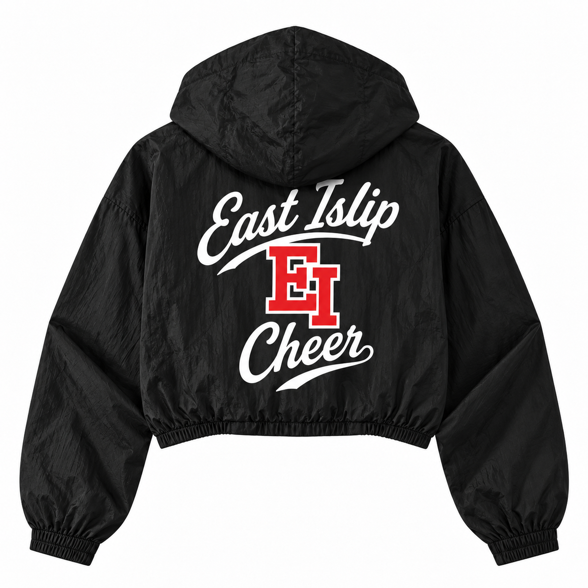 East Islip Cheer youth ei collegiate script black cropped full-zip windbreaker back view