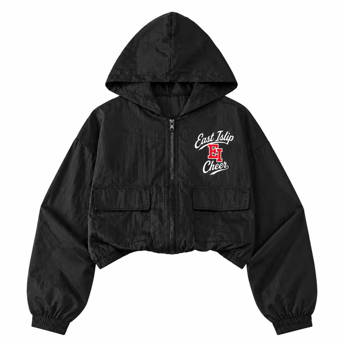 East Islip Cheer youth ei collegiate script black cropped full-zip windbreaker front view