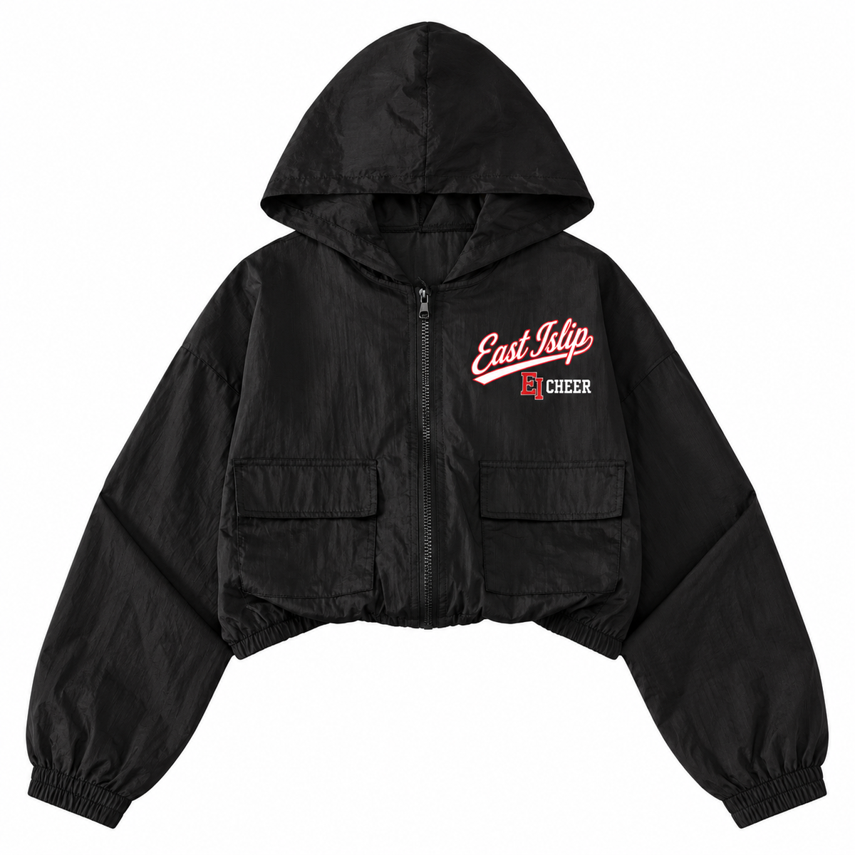 East Islip Cheer youth heritage script black cropped full-zip windbreaker front view