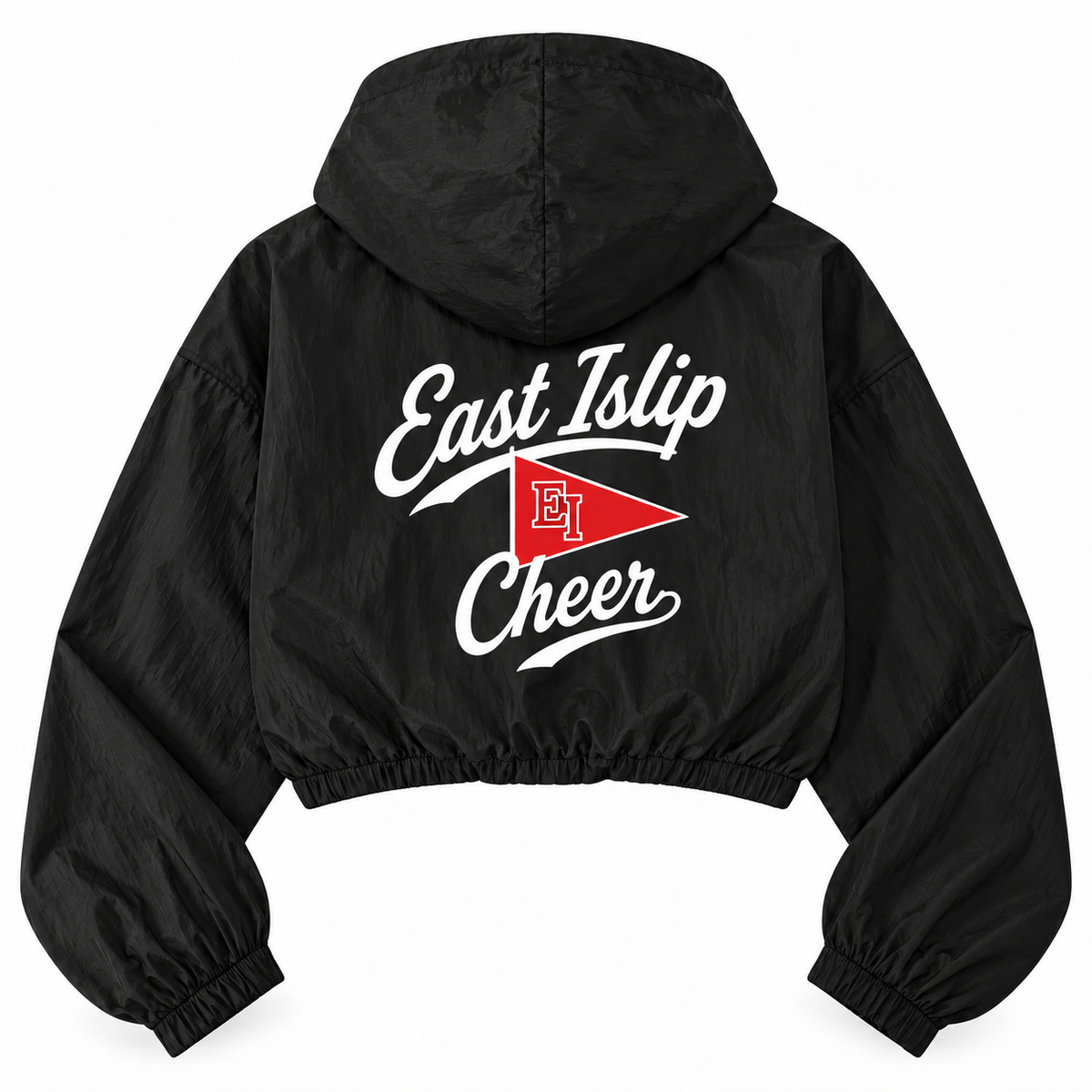 East Islip Cheer youth pennant script black cropped full-zip windbreaker back view