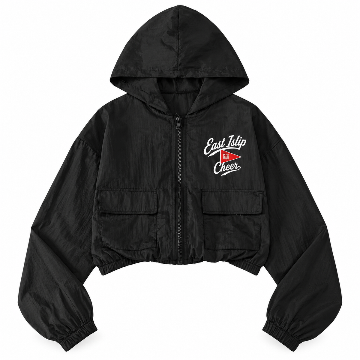 East Islip Cheer youth pennant script black cropped full-zip windbreaker front view
