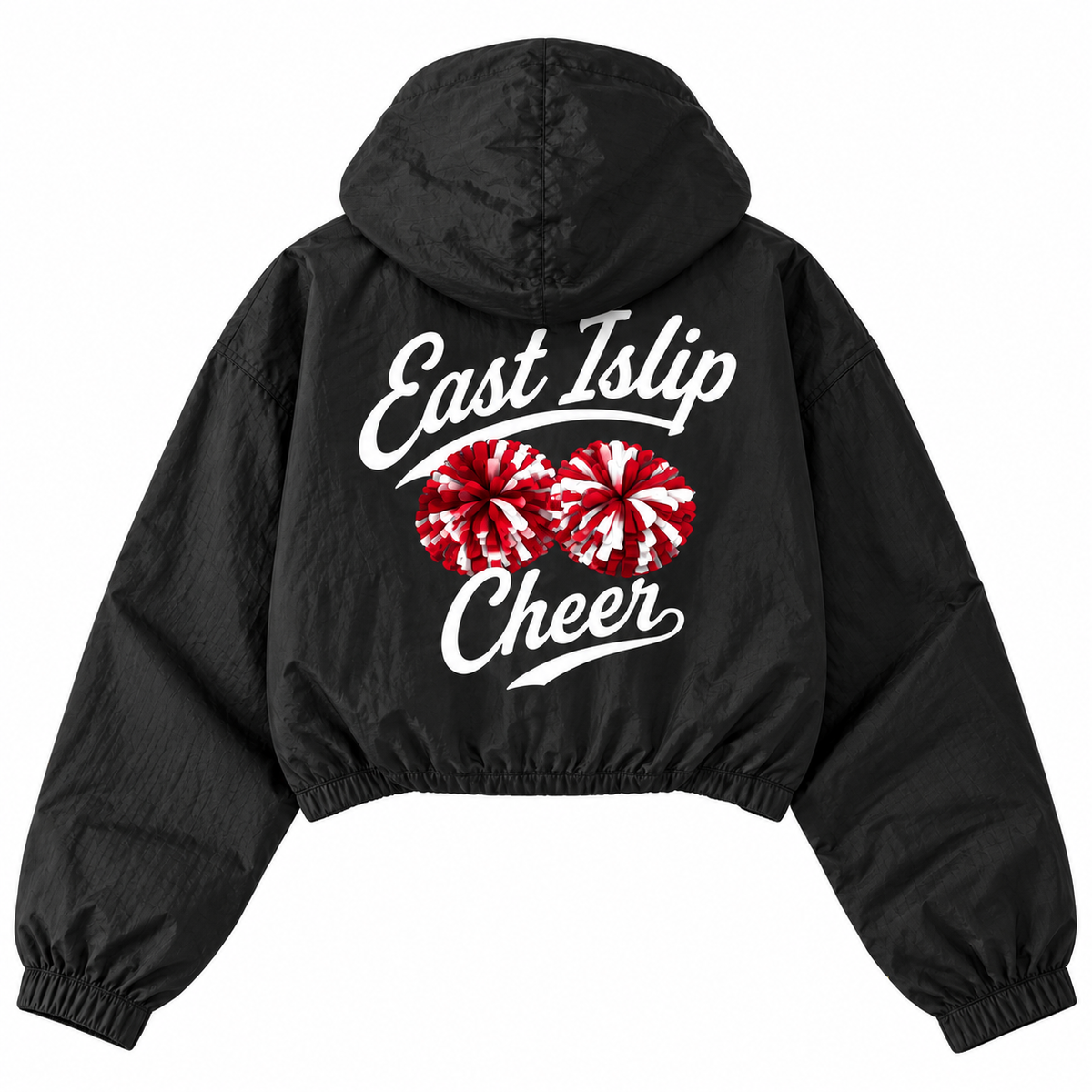 East Islip Cheer youth pom pom script black cropped full-zip windbreaker back view