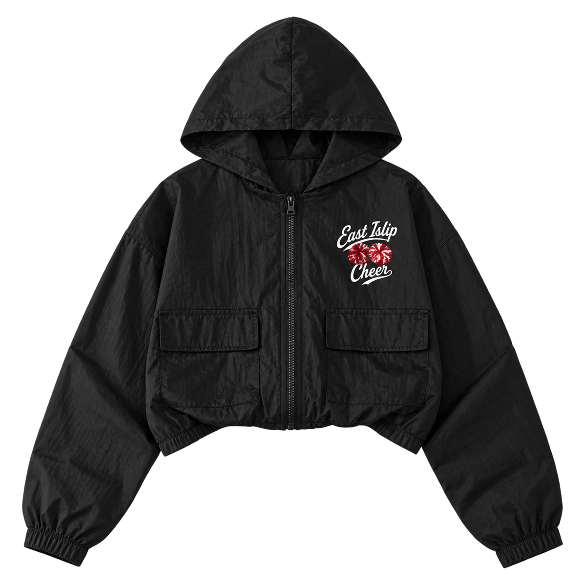 East Islip Cheer youth pom pom script black cropped full-zip windbreaker front view
