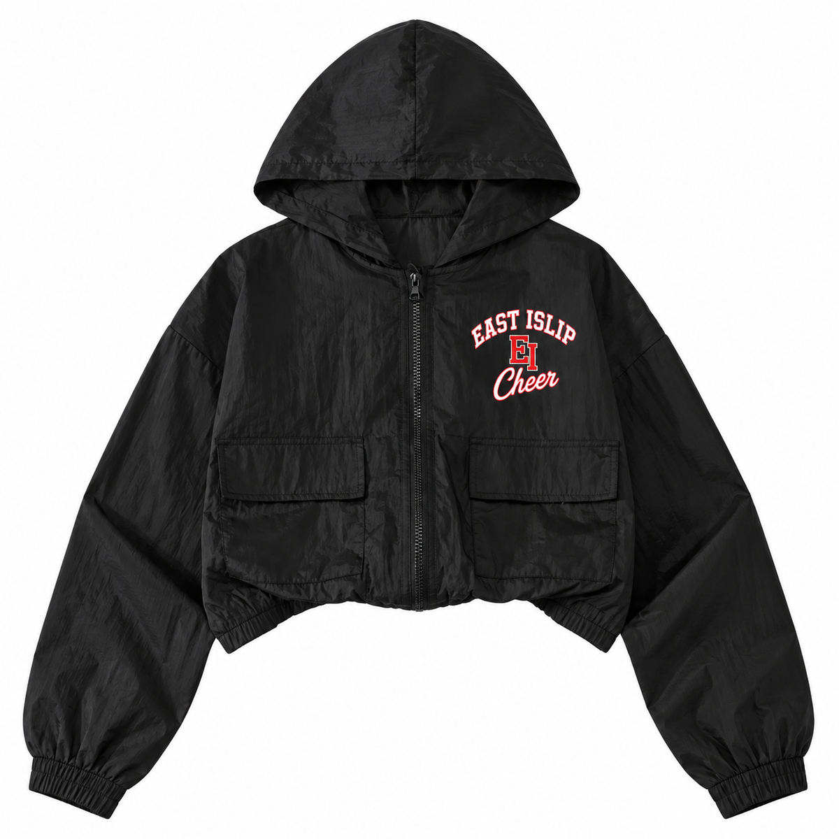 East Islip Cheer youth sideline arch black cropped full-zip windbreaker front view