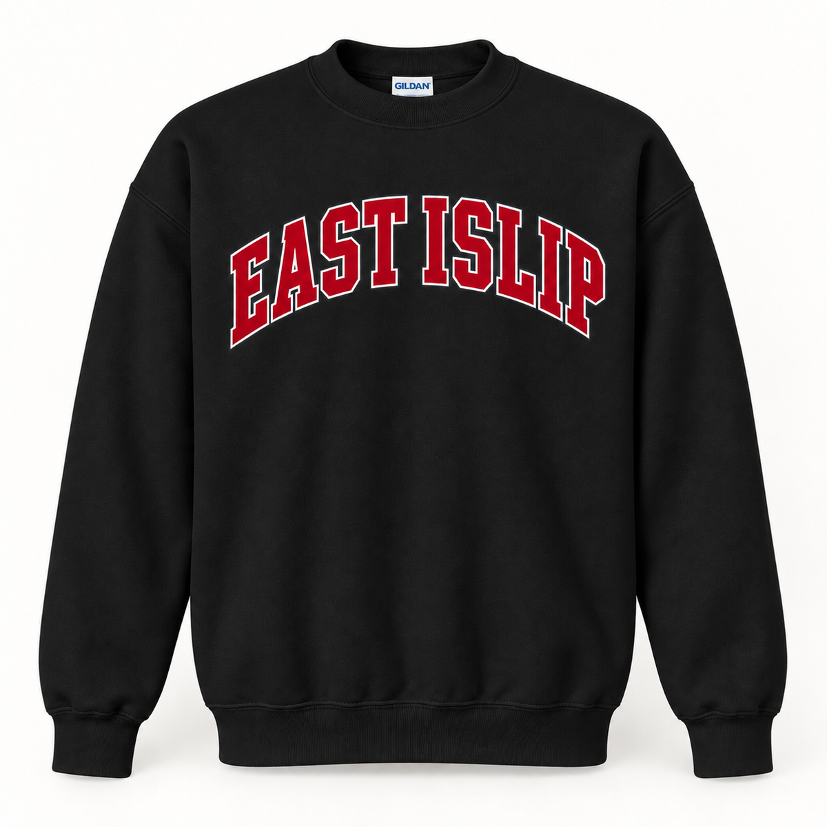 Black East Islip collegiate crewneck sweatshirt with red arched lettering and ribbed cuffs and hem
