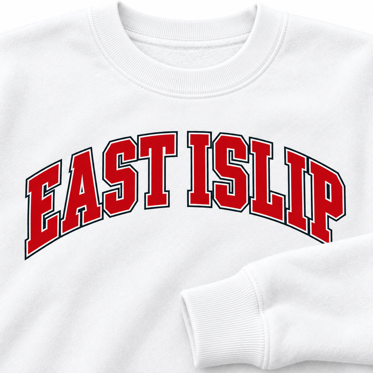 East Islip collegiate crewneck detail showing red chest print, ribbed neckline and sleeve cuff