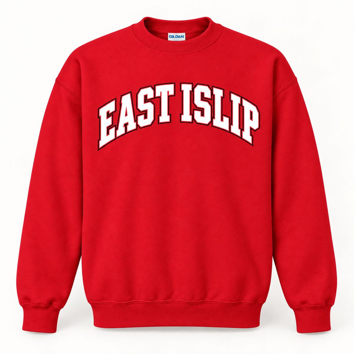 Red East Islip collegiate crewneck sweatshirt with white arched lettering