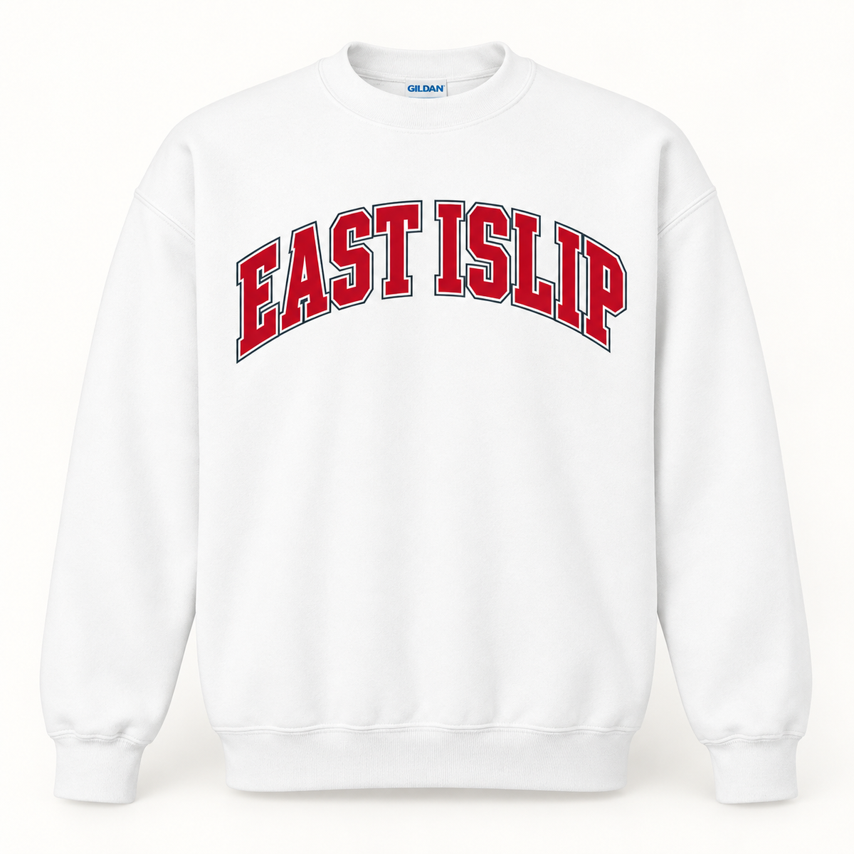 White East Islip Collegiate Crewneck Sweatshirt with arched red lettering, ribbed cuffs and waistband