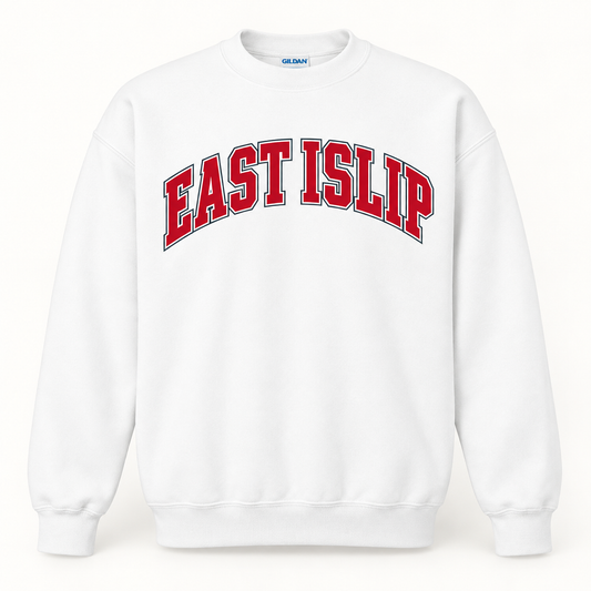 White East Islip Collegiate Crewneck Sweatshirt with arched red lettering, ribbed cuffs and waistband