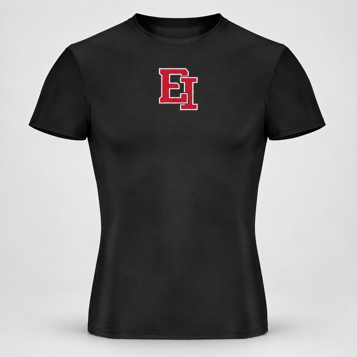 East Islip EI compression training shirt in black with a small centered varsity monogram