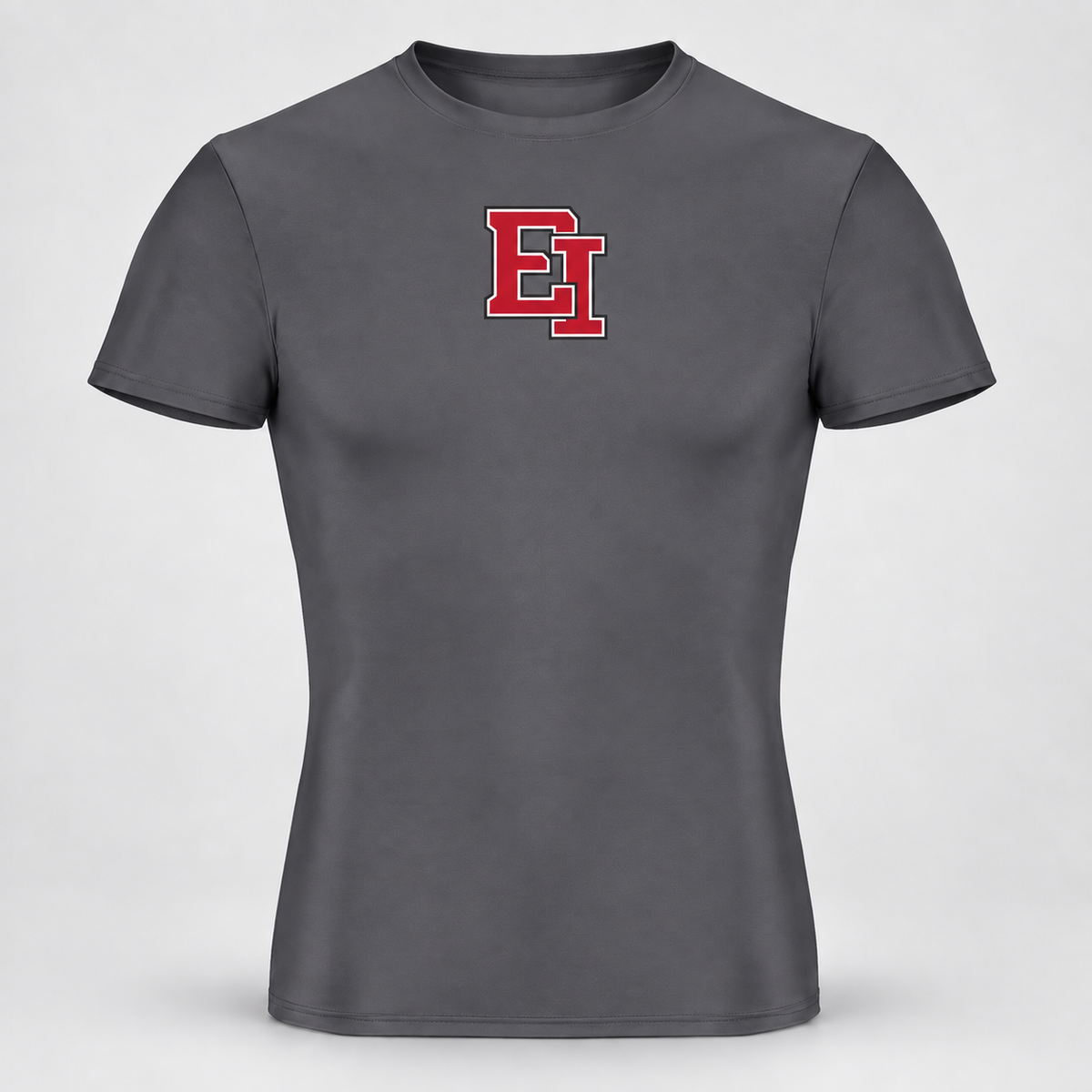 East Islip EI compression training shirt in graphite with a small centered varsity monogram